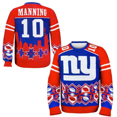 Nike Giants #10 Eli Manning Royal Blue/Red Men's Ugly Sweater - Click Image to Close